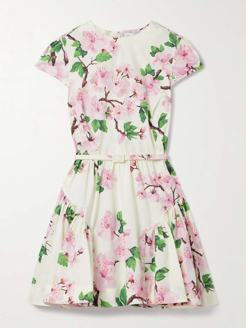 Oscar de la Renta Belted Tiered Floral-print Cotton-blend Poplin Mini Dress