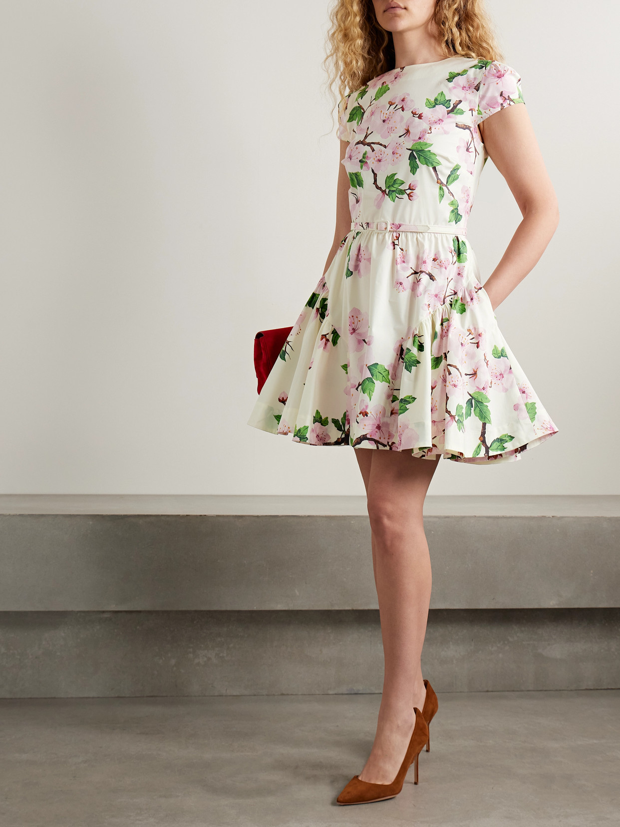 Oscar De La Renta Short-sleeve Cherry Blossom Poplin Mini Dress With Belt