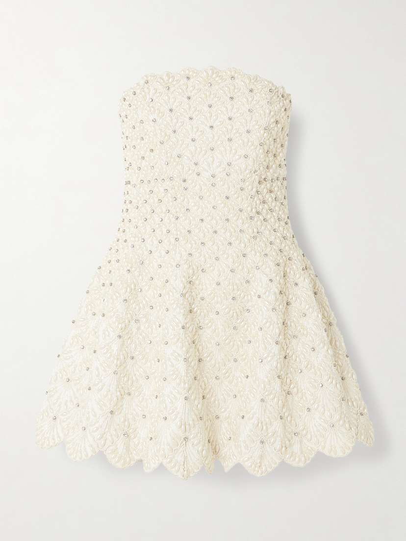 Clio Peppiatt Scallop Strapless Embellished Taffeta Mini Dress