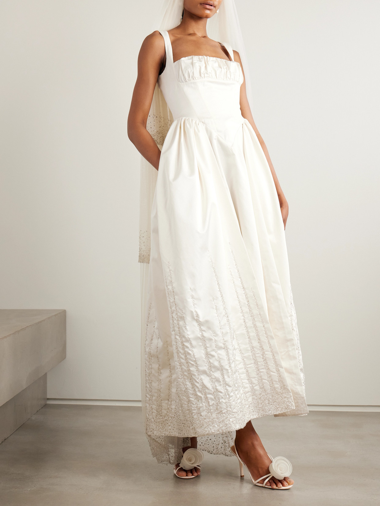 Clio Peppiatt Sunbeam Paneled Embellished Taffeta Gown In White