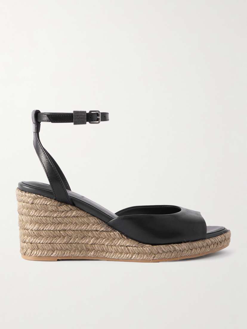 Brunello Cucinelli Bead-embellished Leather Wedge Espadrilles