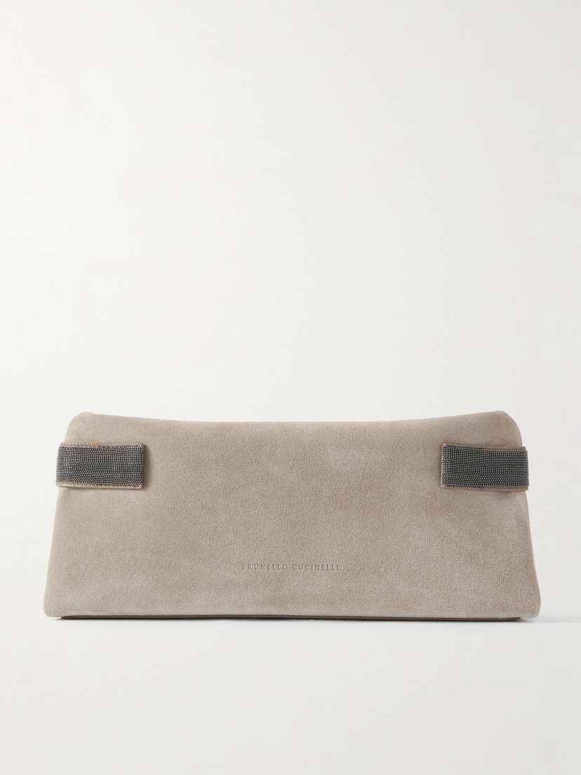 Brunello Cucinelli Bead-embellished Leather-trimmed Suede Clutch
