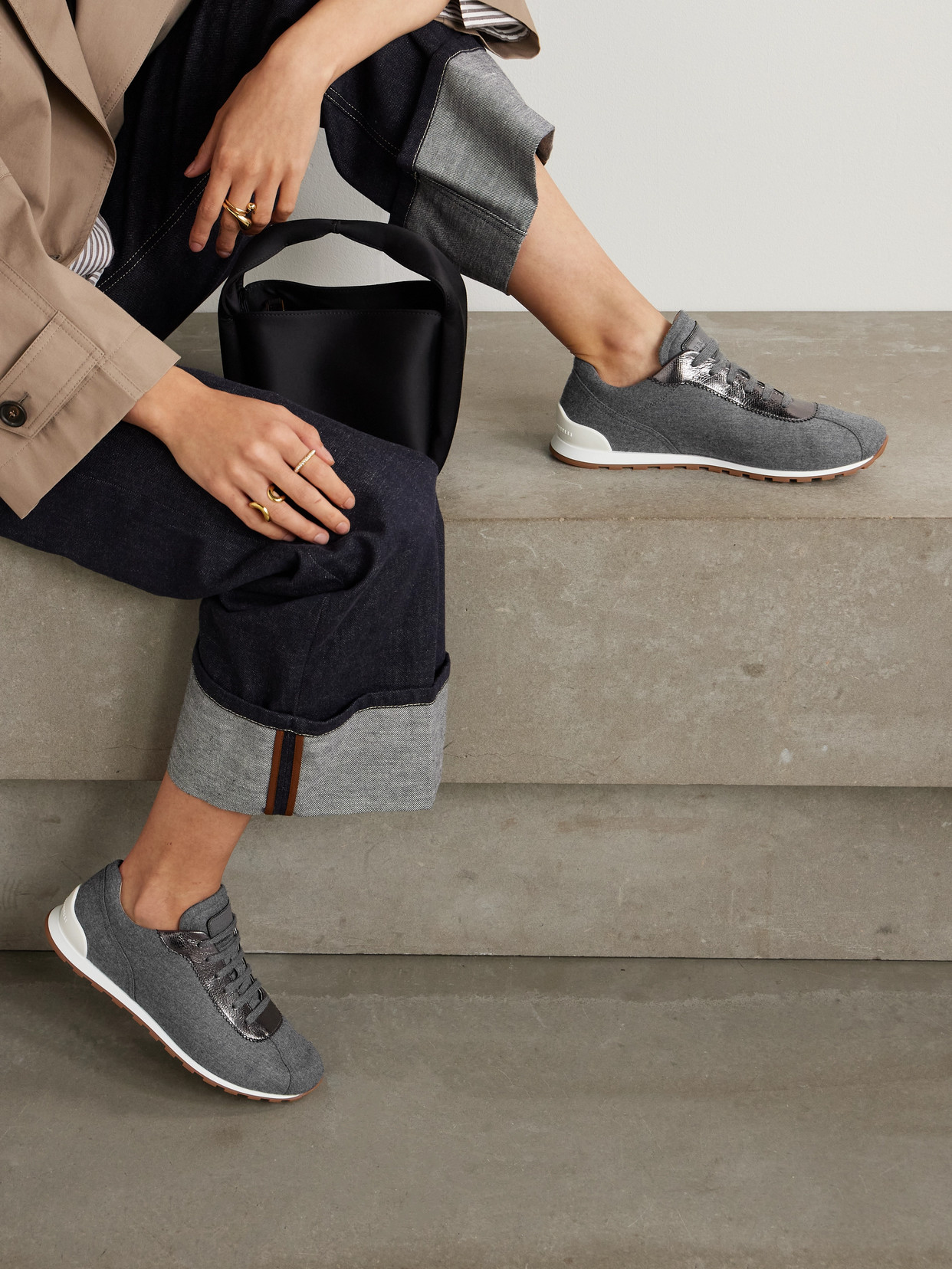 Brunello Cucinelli Metallic Leather-trimmed Wool Sneakers