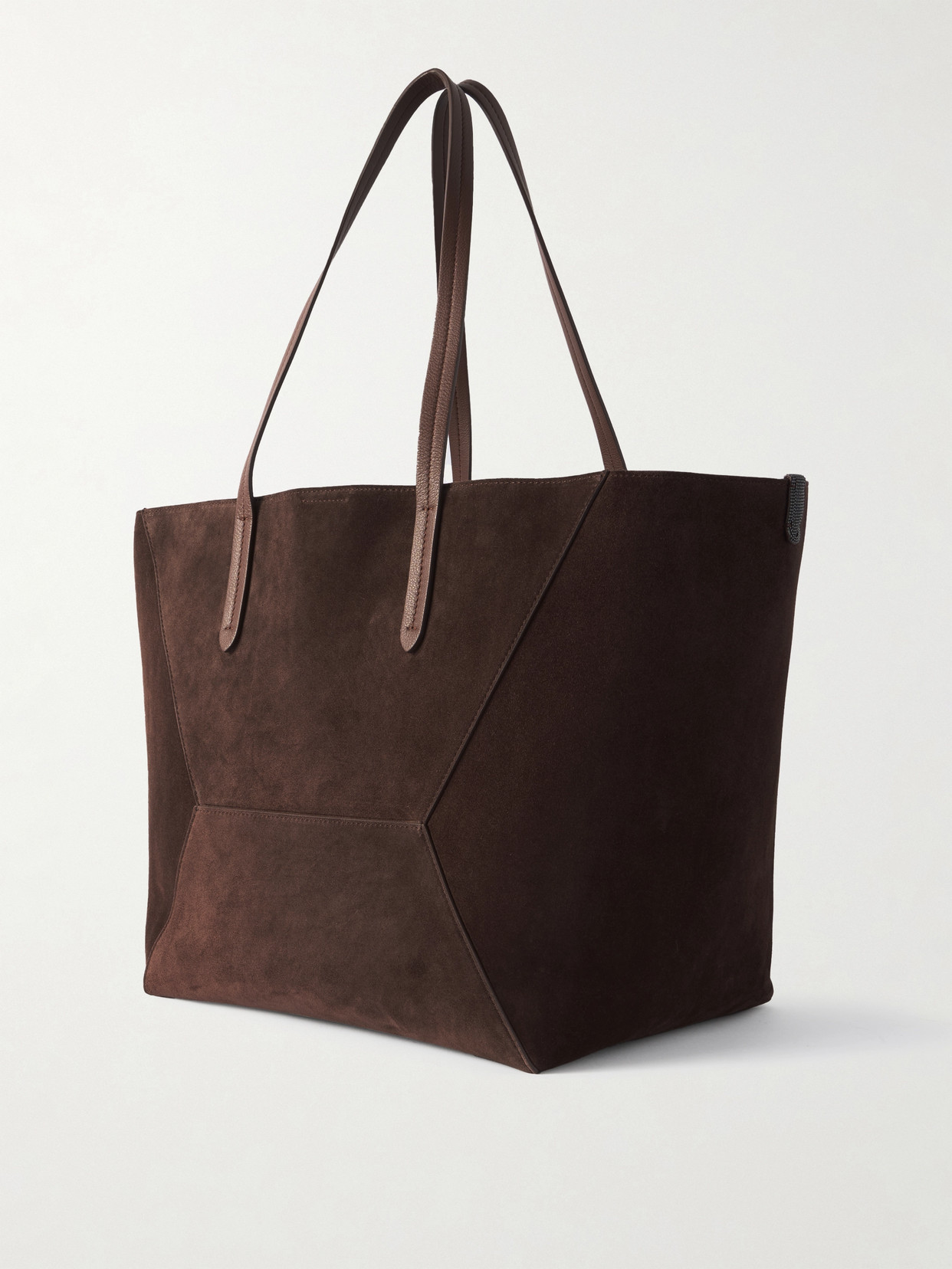 BRUNELLO CUCINELLI BEAD-EMBELLISHED LEATHER-TRIMMED SUEDE TOTE 