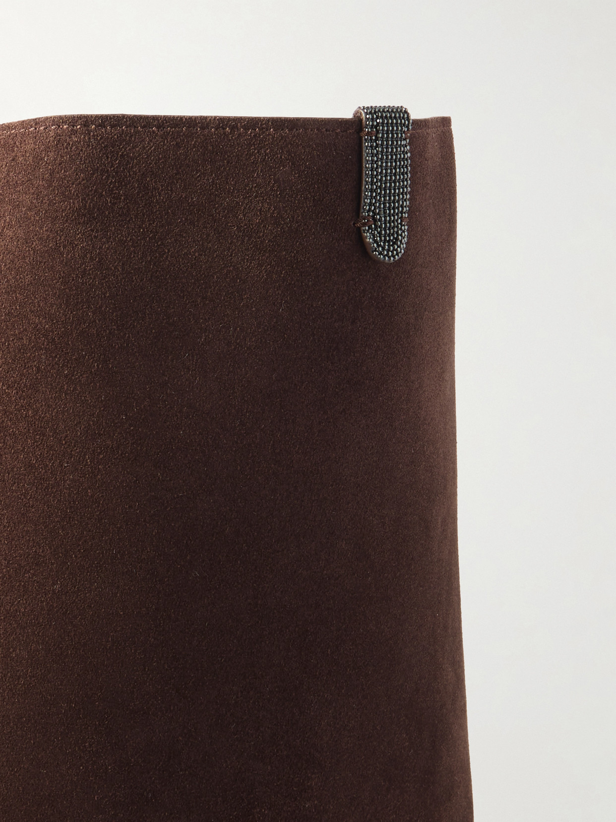 BRUNELLO CUCINELLI BEAD-EMBELLISHED LEATHER-TRIMMED SUEDE TOTE 