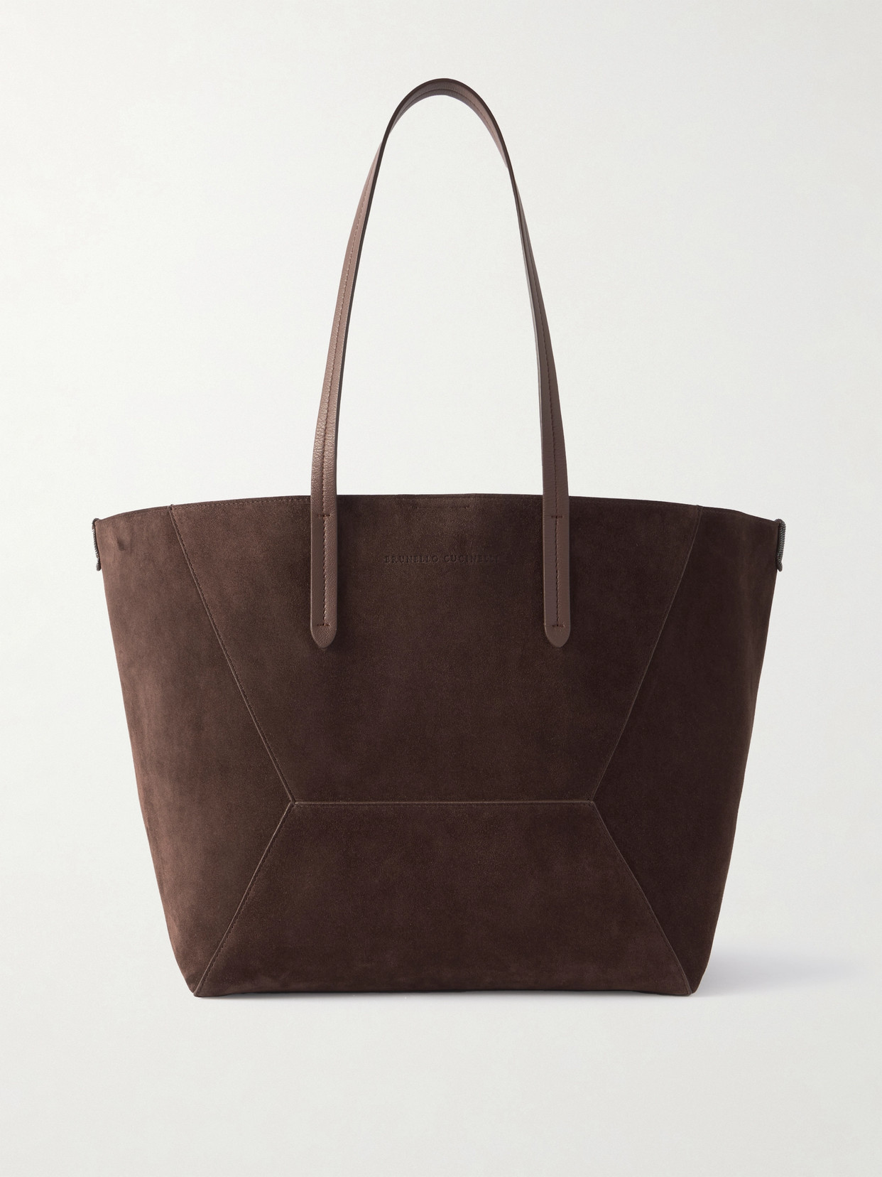 BRUNELLO CUCINELLI BEAD-EMBELLISHED LEATHER-TRIMMED SUEDE TOTE 
