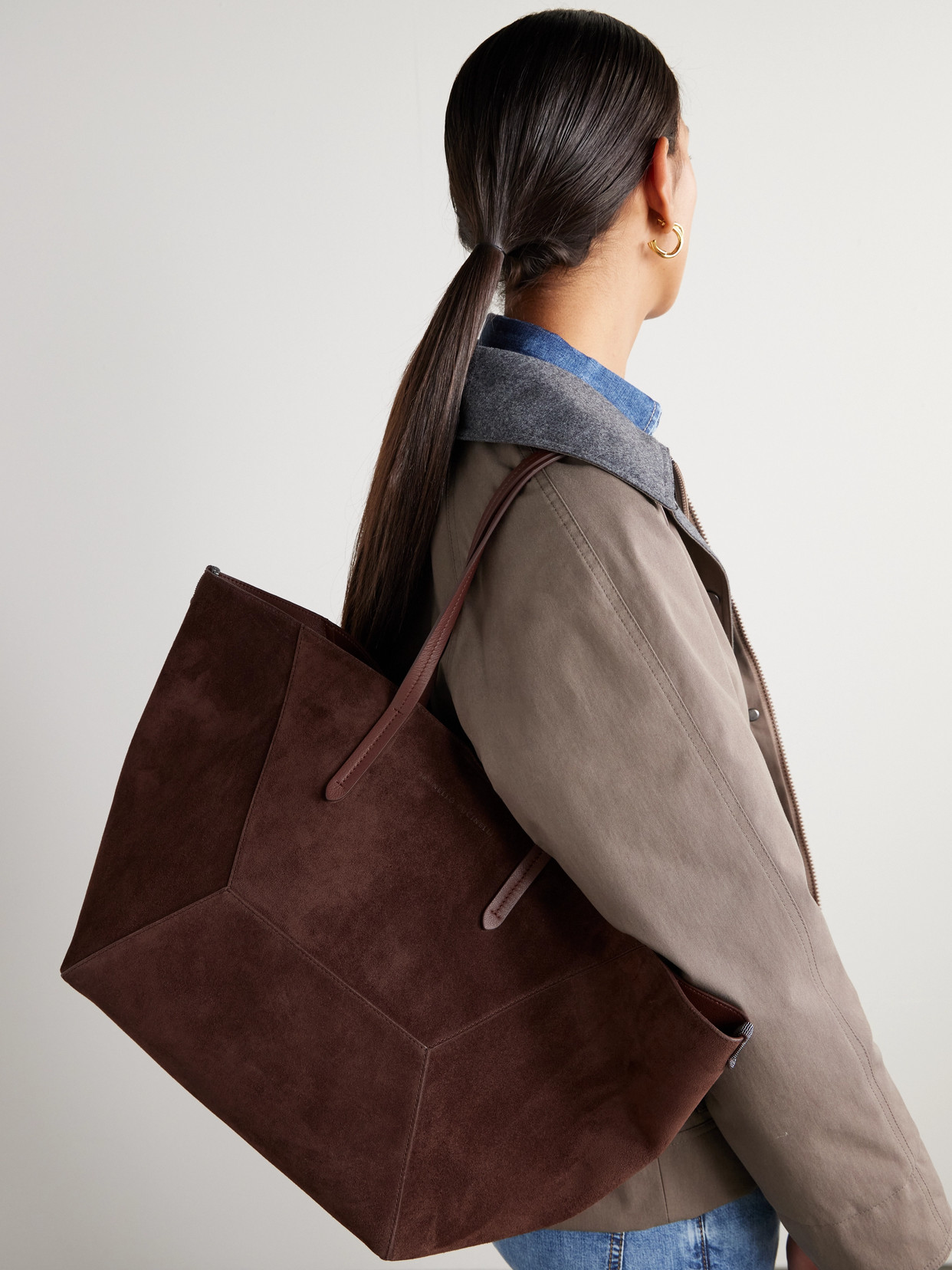 BRUNELLO CUCINELLI BEAD-EMBELLISHED LEATHER-TRIMMED SUEDE TOTE 