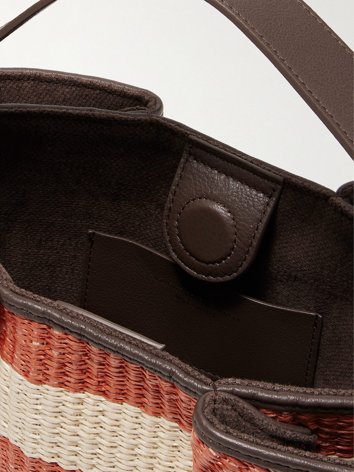 Shop Brunello Cucinelli Marine Leather-trimmed Striped Raffia Shoulder Bag