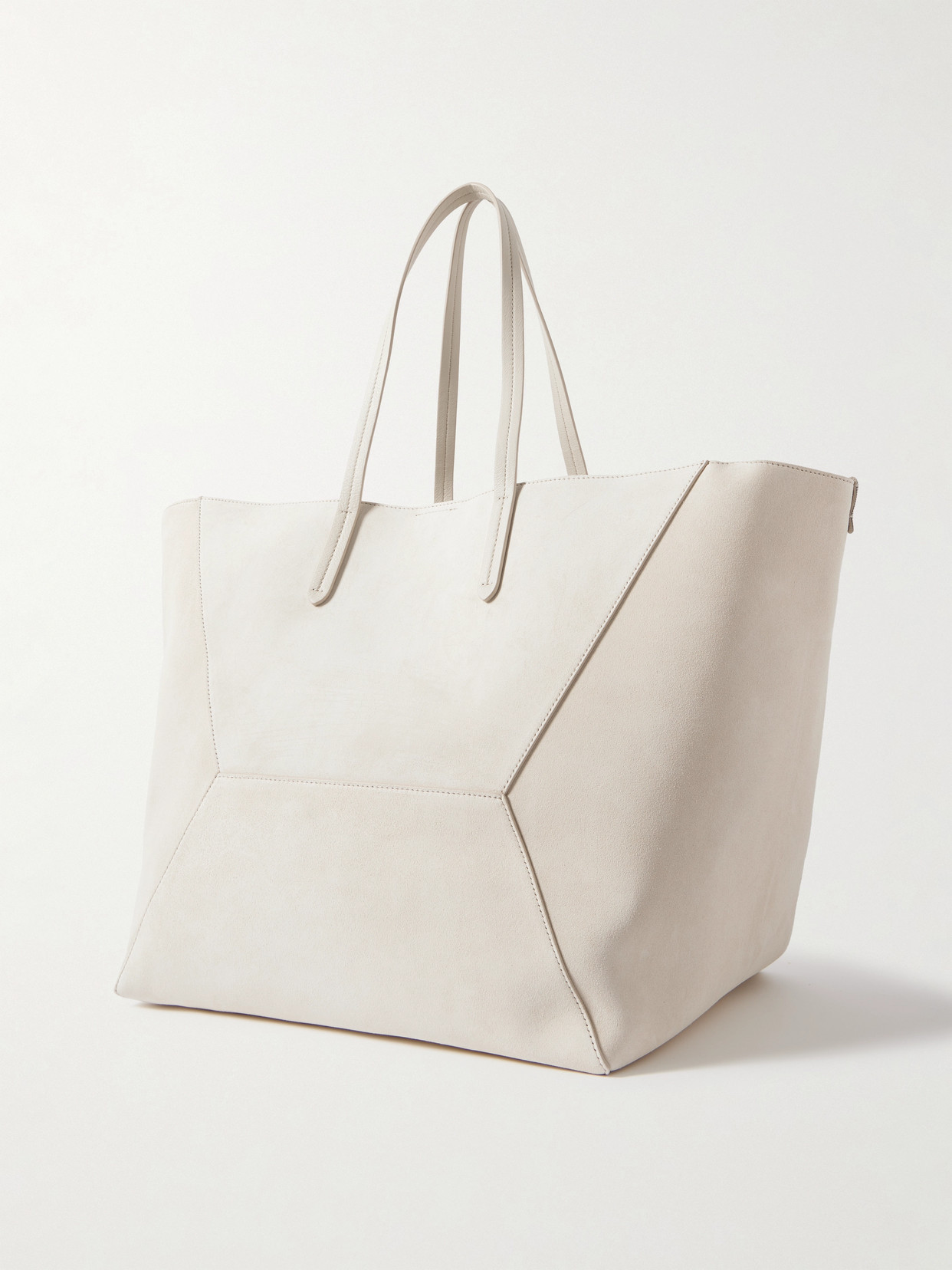 BRUNELLO CUCINELLI BEAD-EMBELLISHED LEATHER-TRIMMED PANELED SUEDE TOTE 