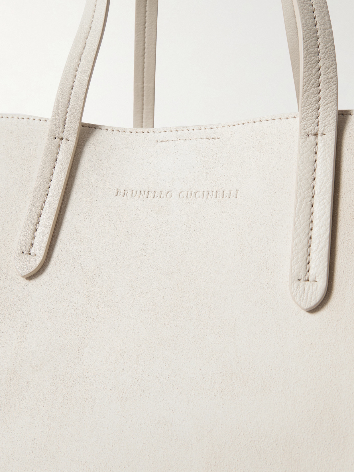 BRUNELLO CUCINELLI BEAD-EMBELLISHED LEATHER-TRIMMED PANELED SUEDE TOTE 