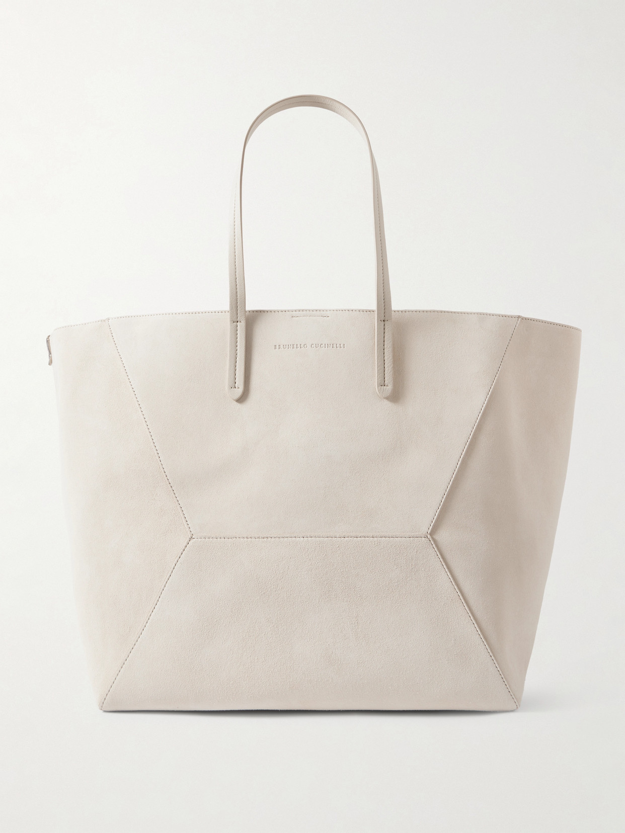 Brunello Cucinelli Bead-embellished Leather-trimmed Paneled Suede Tote In Off-white