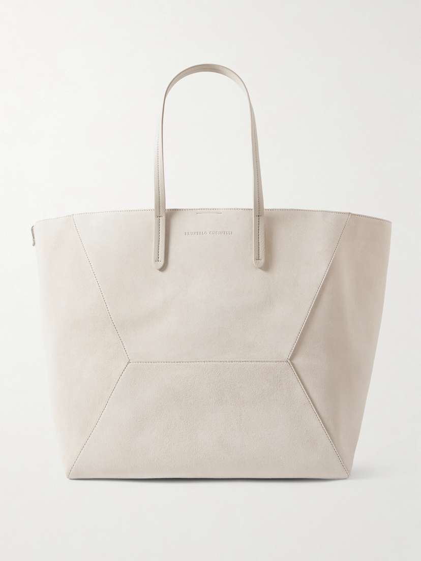 Brunello Cucinelli Bead-embellished Leather-trimmed Paneled Suede Tote