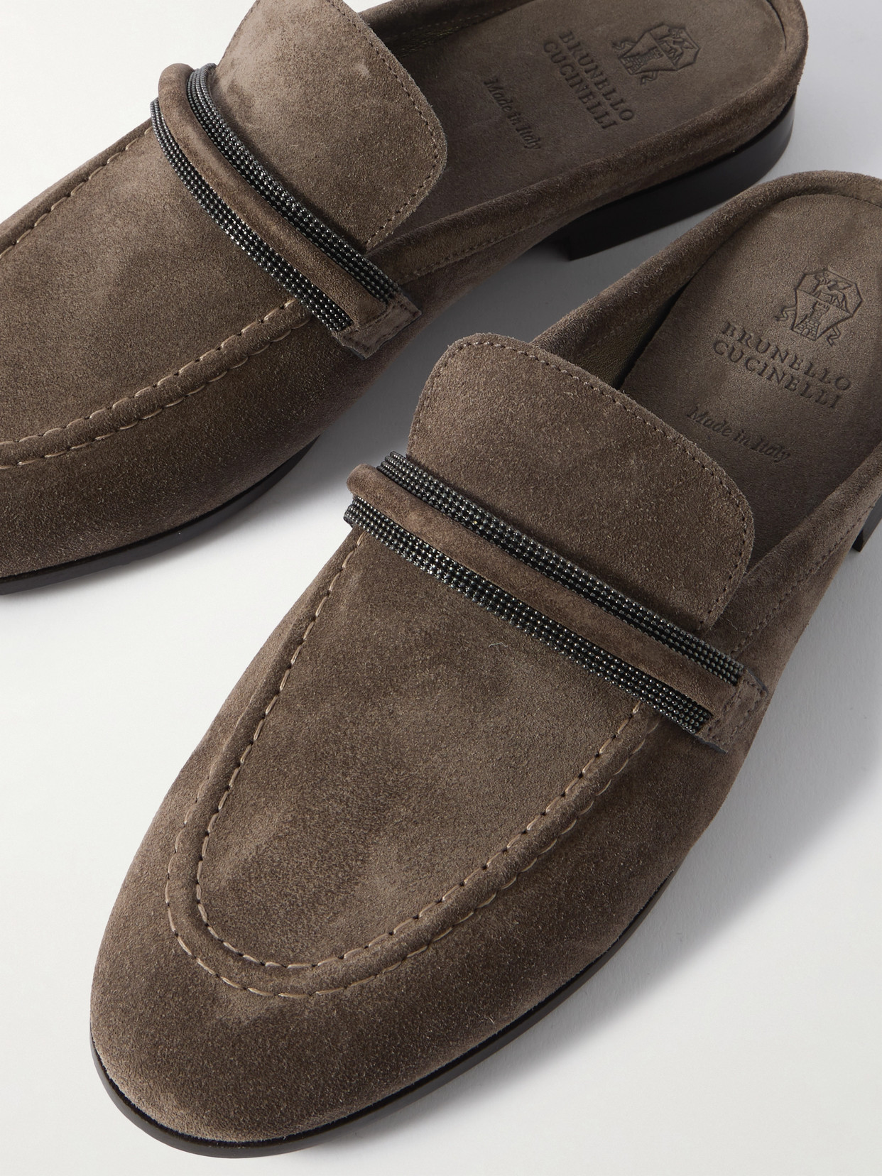 Brunello Cucinelli Suede Monili Strap Loafer Mules In Brown