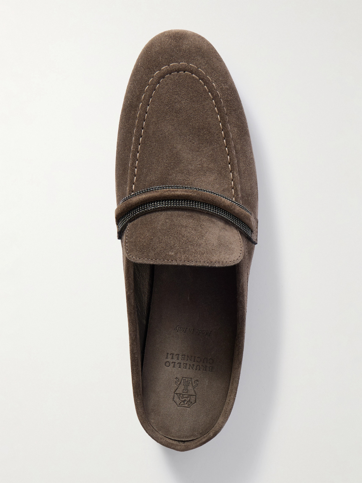 Brunello Cucinelli Suede Monili Strap Loafer Mules In Brown