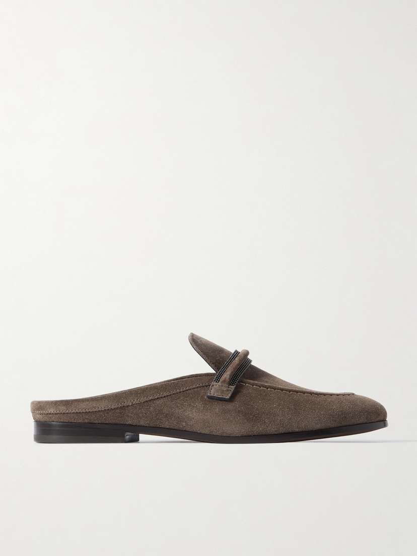 Brunello Cucinelli Bead-embellished Suede Slippers