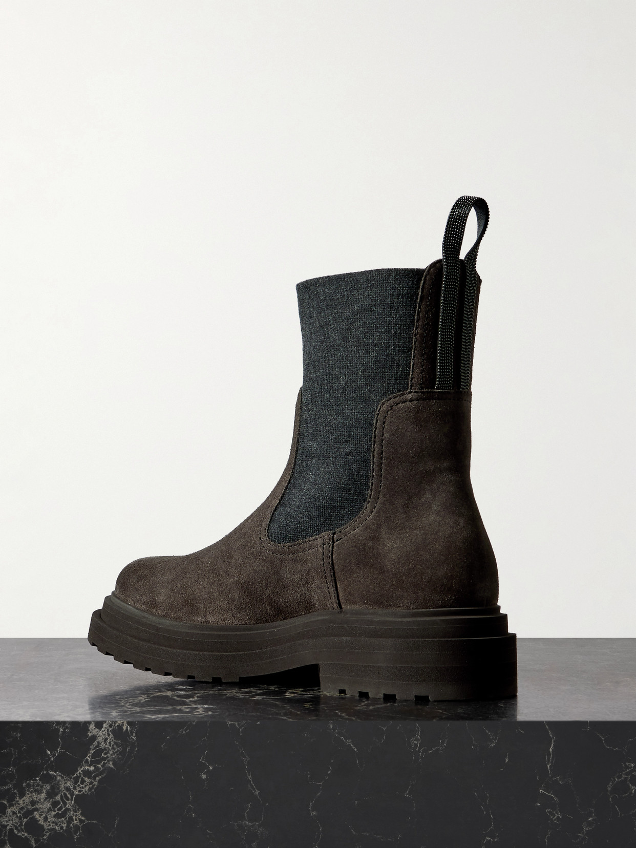 Brunello Cucinelli Bead-embellished Knit-trimmed Suede Chelsea Boots In Brown