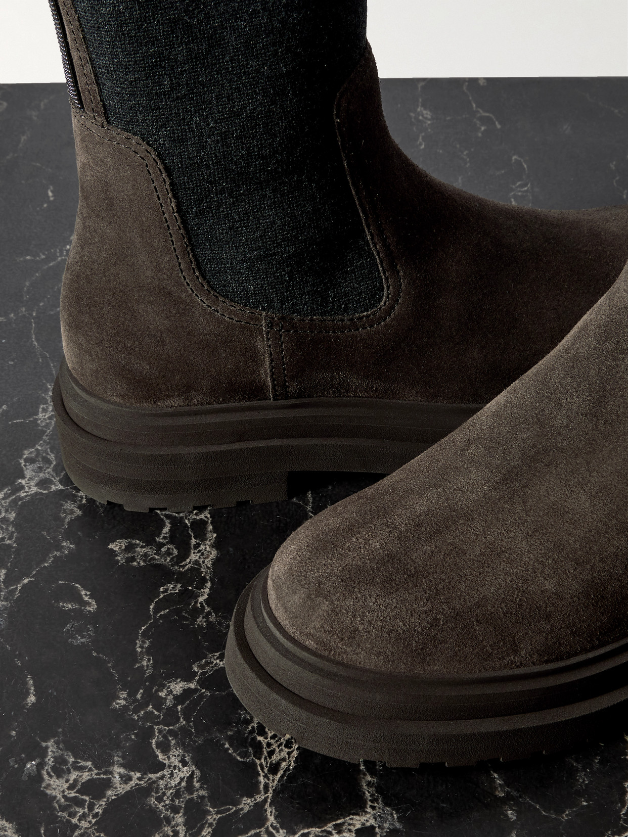 Brunello Cucinelli Bead-embellished Knit-trimmed Suede Chelsea Boots In Brown