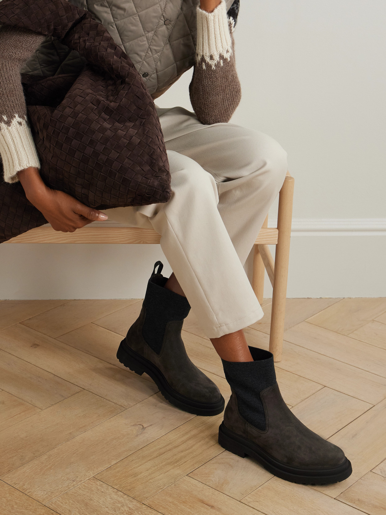 Brunello Cucinelli Bead-embellished Knit-trimmed Suede Chelsea Boots In Brown
