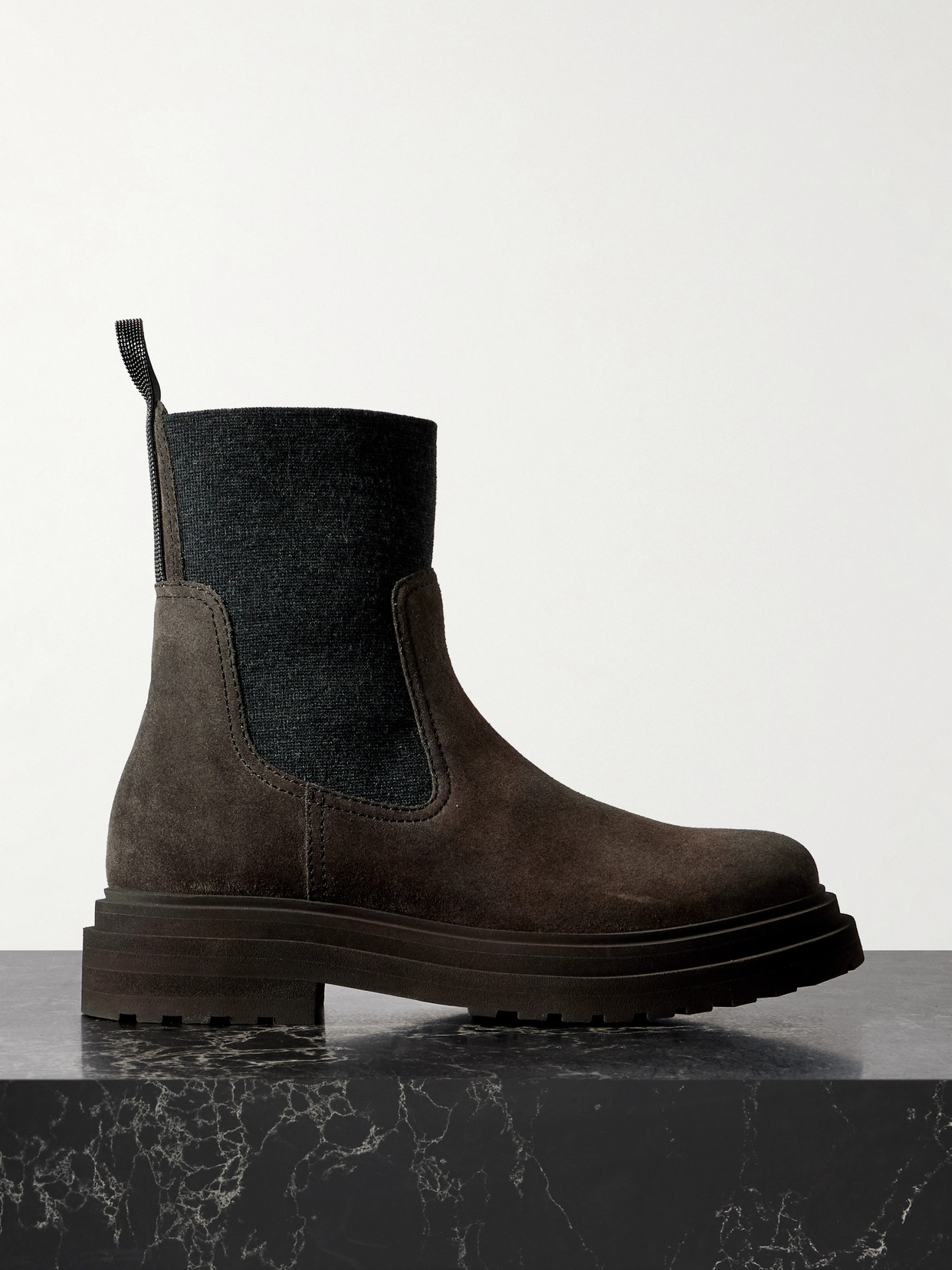 Brunello Cucinelli Bead-embellished Knit-trimmed Suede Chelsea Boots In Brown