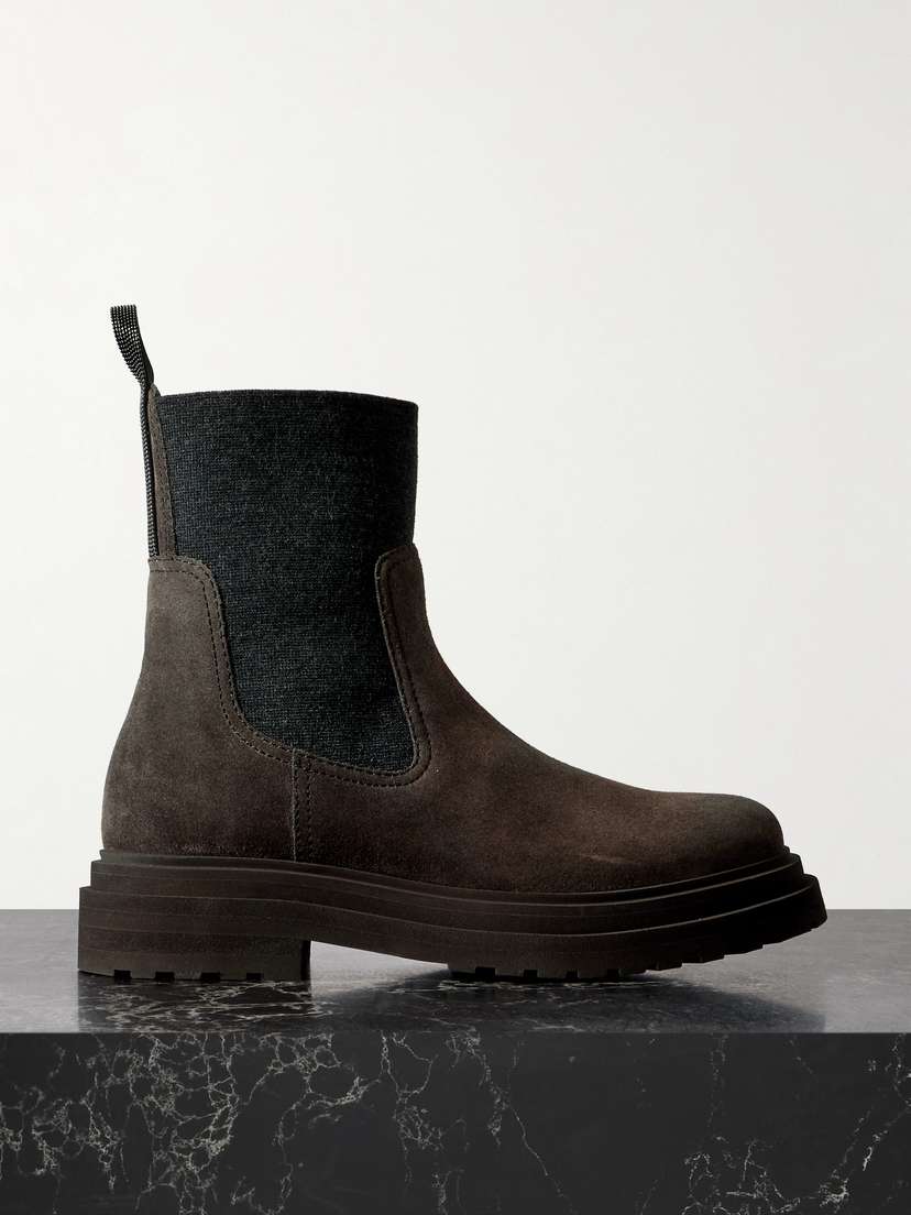 Brunello Cucinelli Bead-embellished Knit-trimmed Suede Chelsea Boots