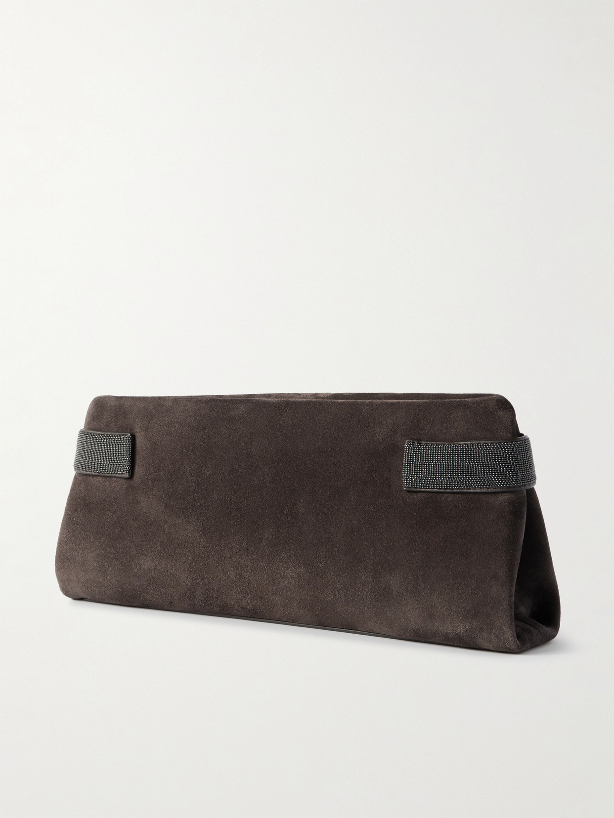 Brunello Cucinelli Bead-embellished Leather-trimmed Suede Clutch