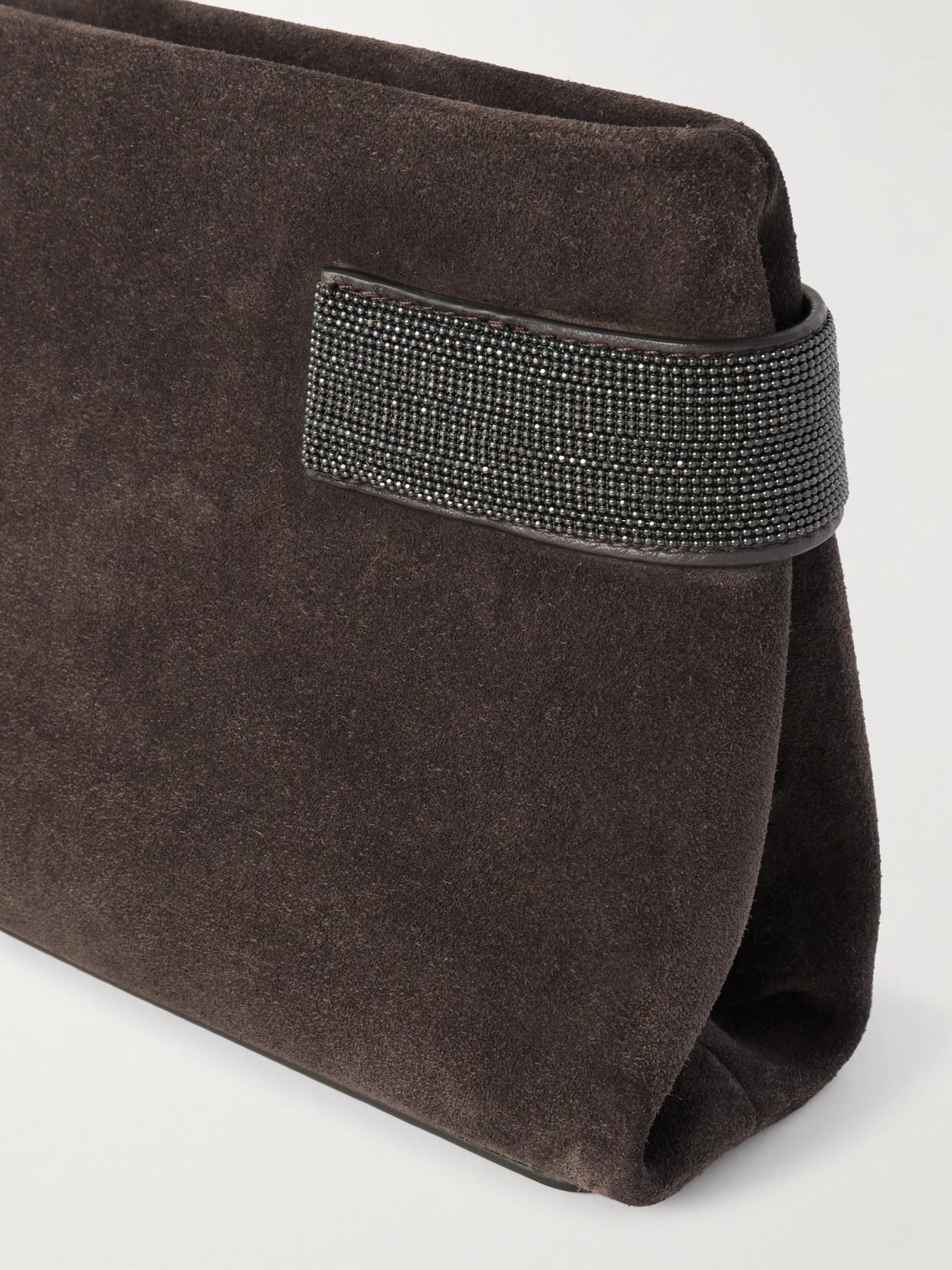 Brunello Cucinelli Bead-embellished Leather-trimmed Suede Clutch