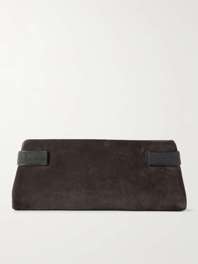 Brunello Cucinelli Bead-embellished Leather-trimmed Suede Clutch
