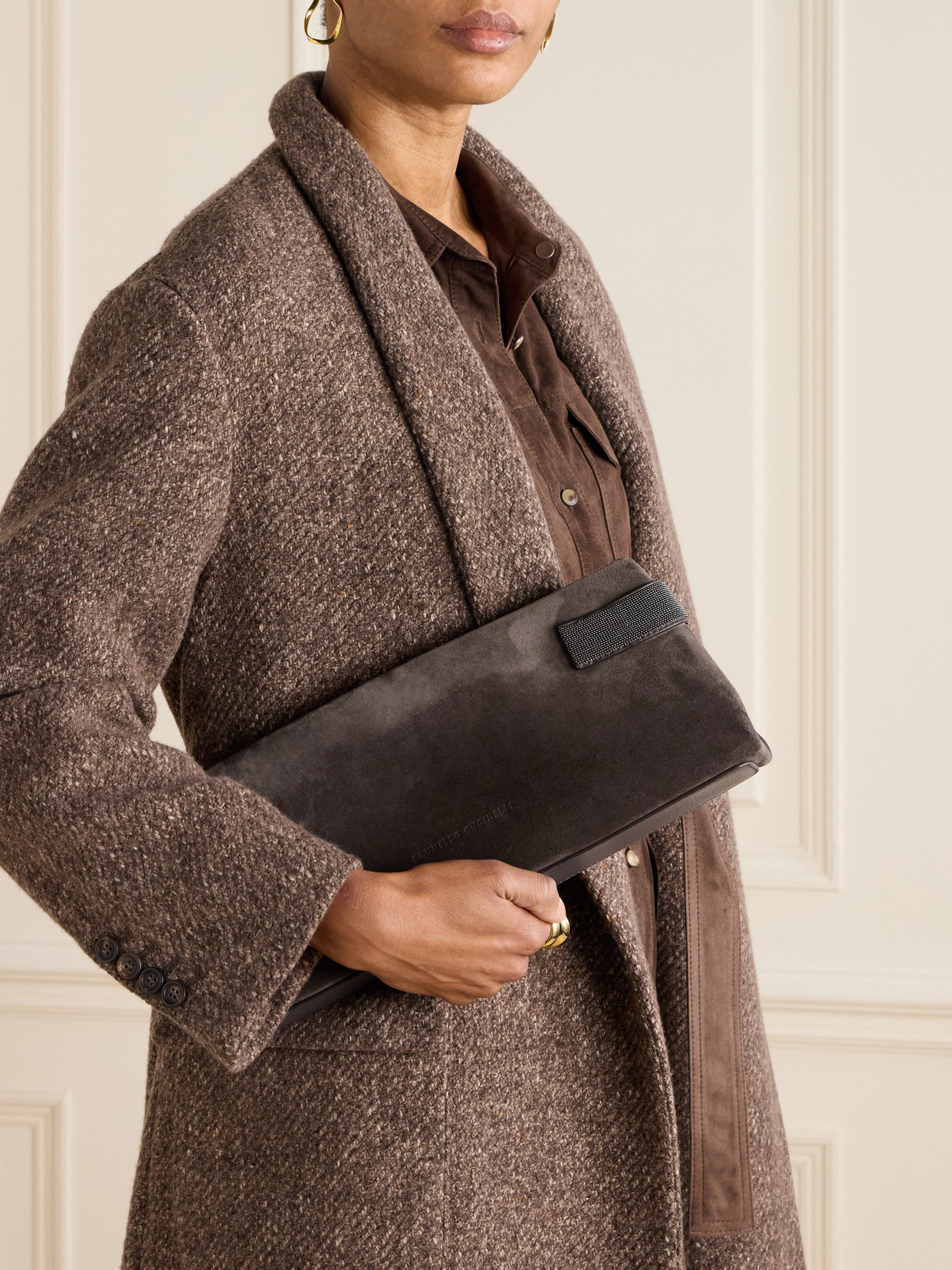 Brunello Cucinelli Bead-embellished Leather-trimmed Suede Clutch