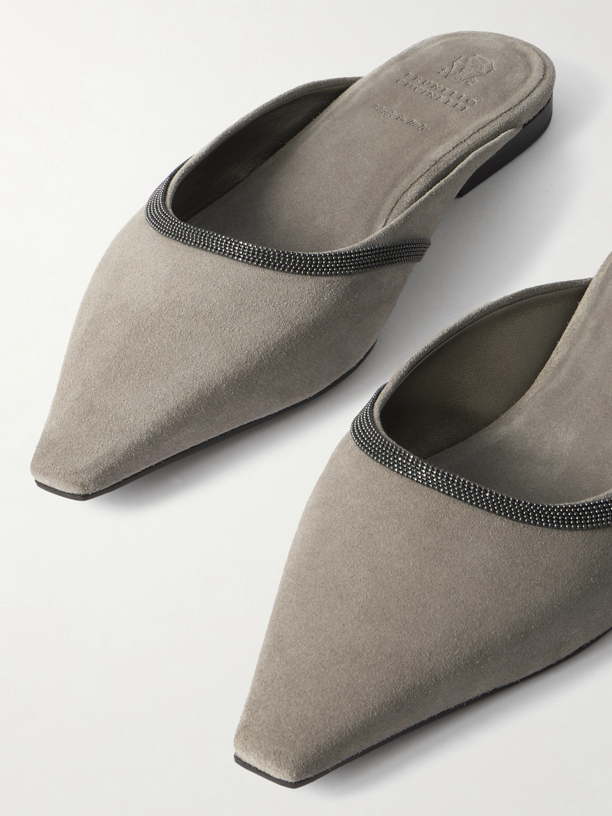 Brunello Cucinelli Bead-embellished Suede Sandals In Gray