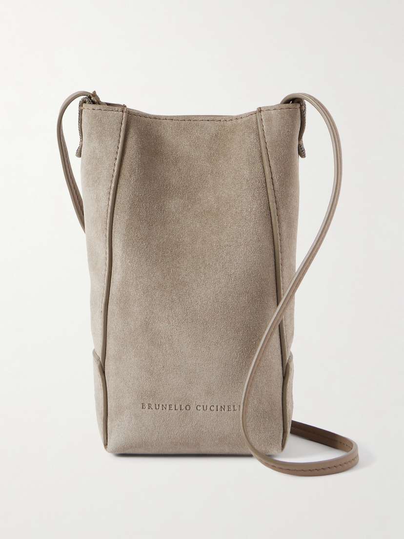Brunello Cucinelli Bead-embellished Leather-trimmed Suede Shoulder Bag