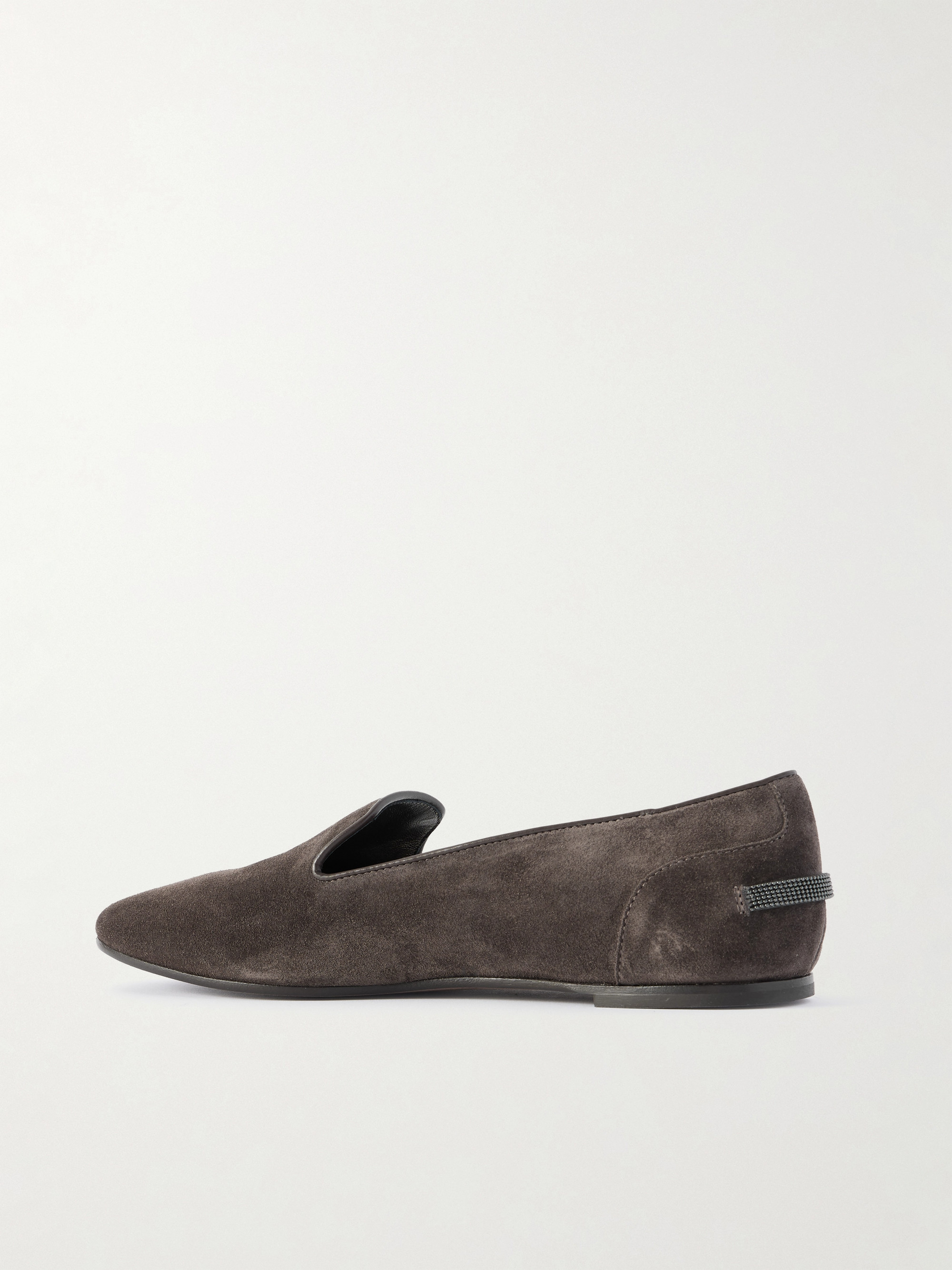 Brunello Cucinelli Bead-embellished leather-trimmed suede ballet flats