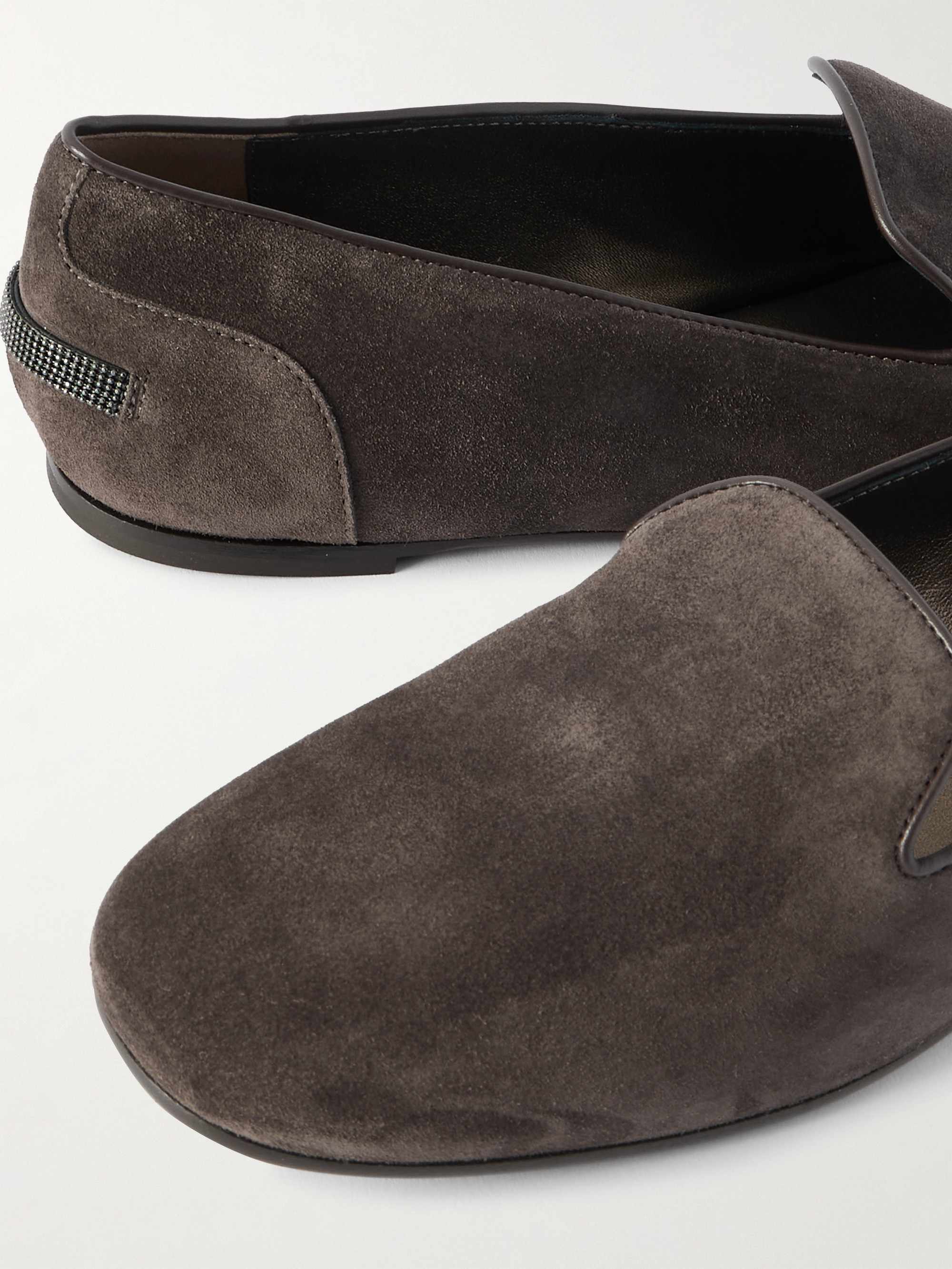 Brunello Cucinelli Bead-embellished leather-trimmed suede ballet flats