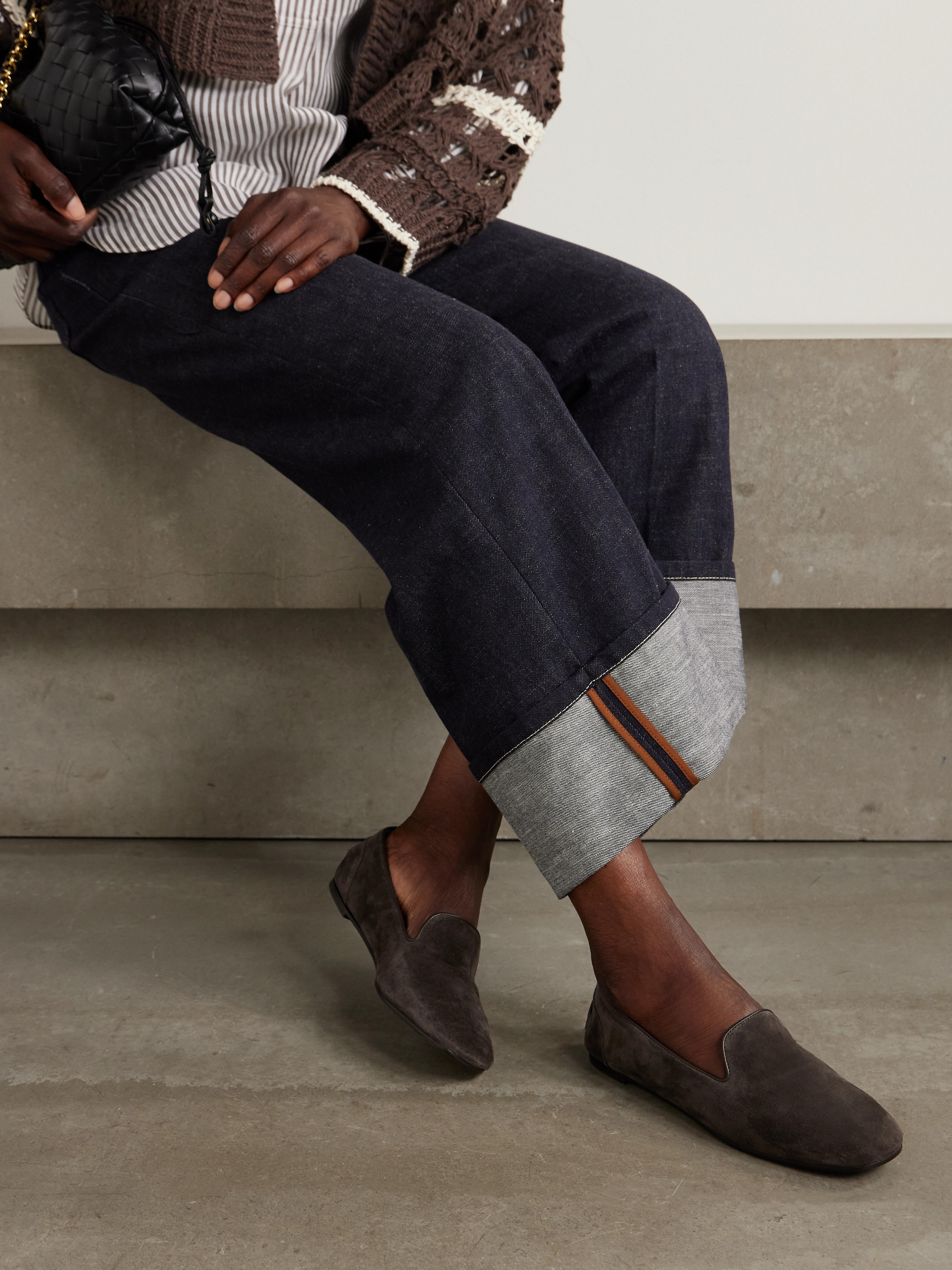 Brunello Cucinelli Bead-embellished leather-trimmed suede ballet flats