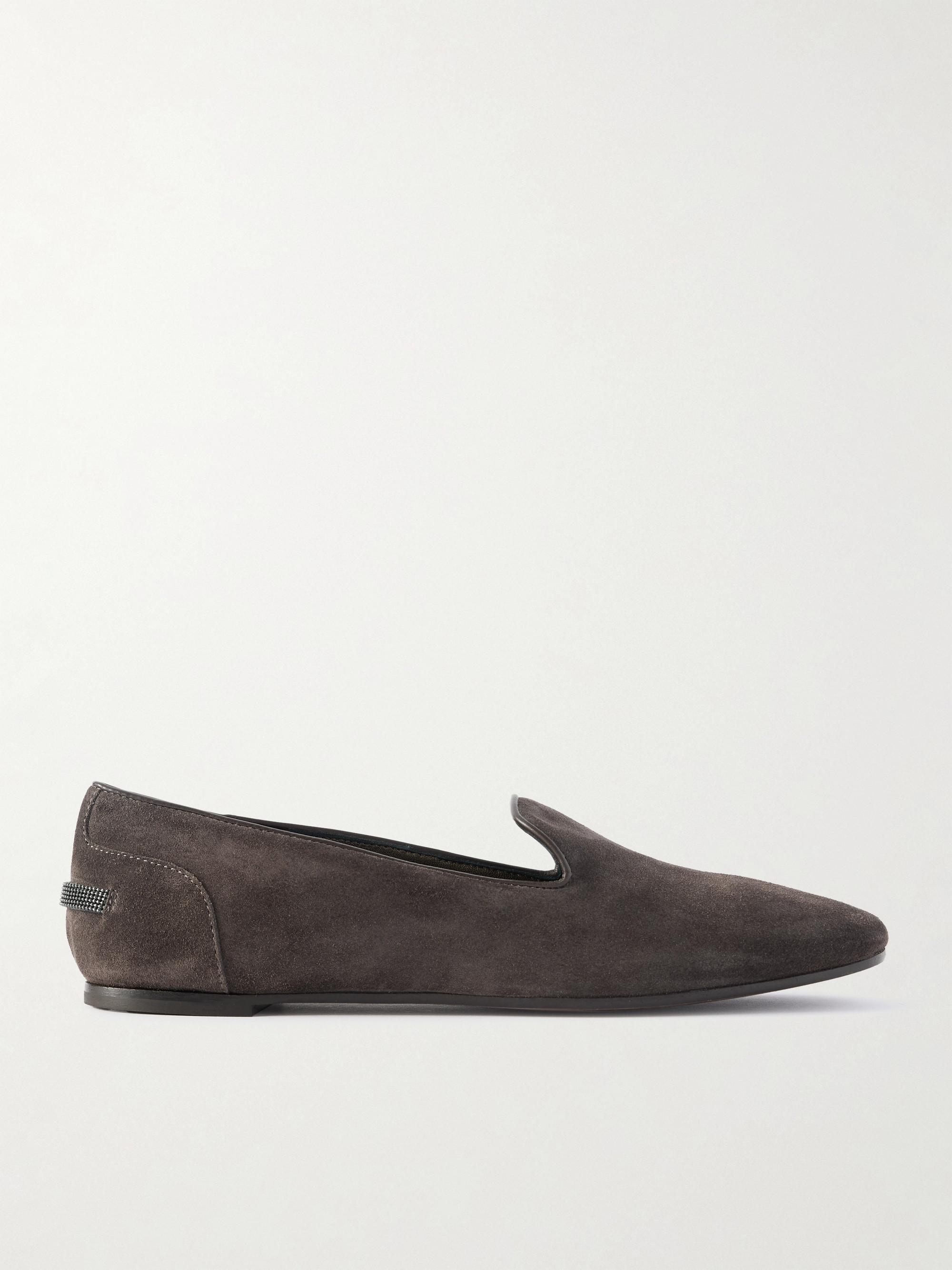 Brunello Cucinelli Bead-embellished leather-trimmed suede ballet flats