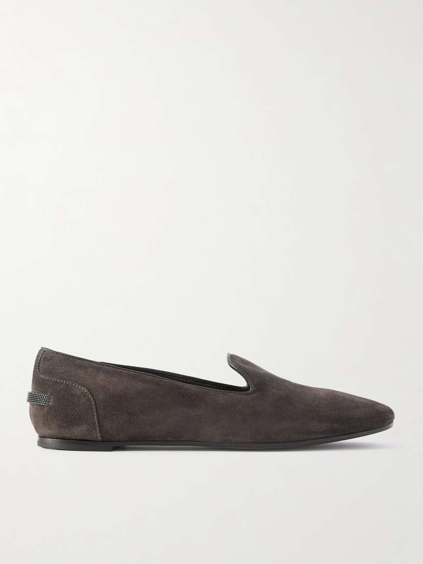 Brunello Cucinelli — Bead-embellished leather-trimmed suede ballet flats