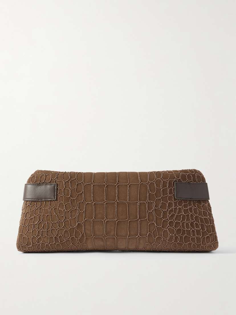 Brunello Cucinelli Leather-trimmed Bead-embellished Suede Clutch