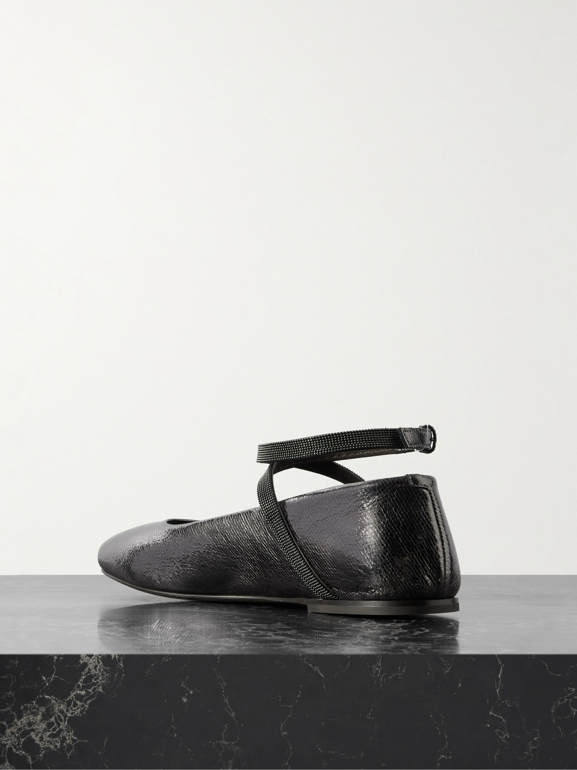 Brunello Cucinelli Bead-embellished metallic textured-leather ballet flats thumbnail