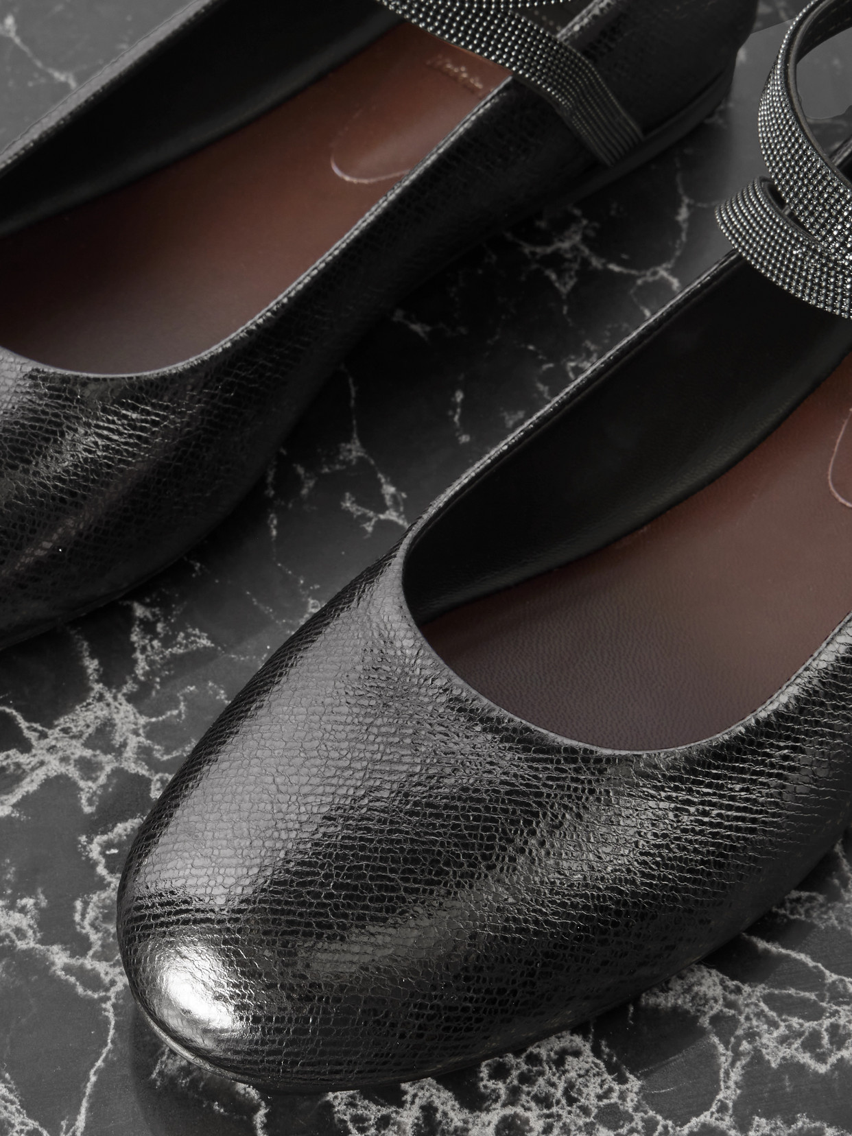 Brunello Cucinelli Bead-embellished Metallic Textured-leather Ballet Flats