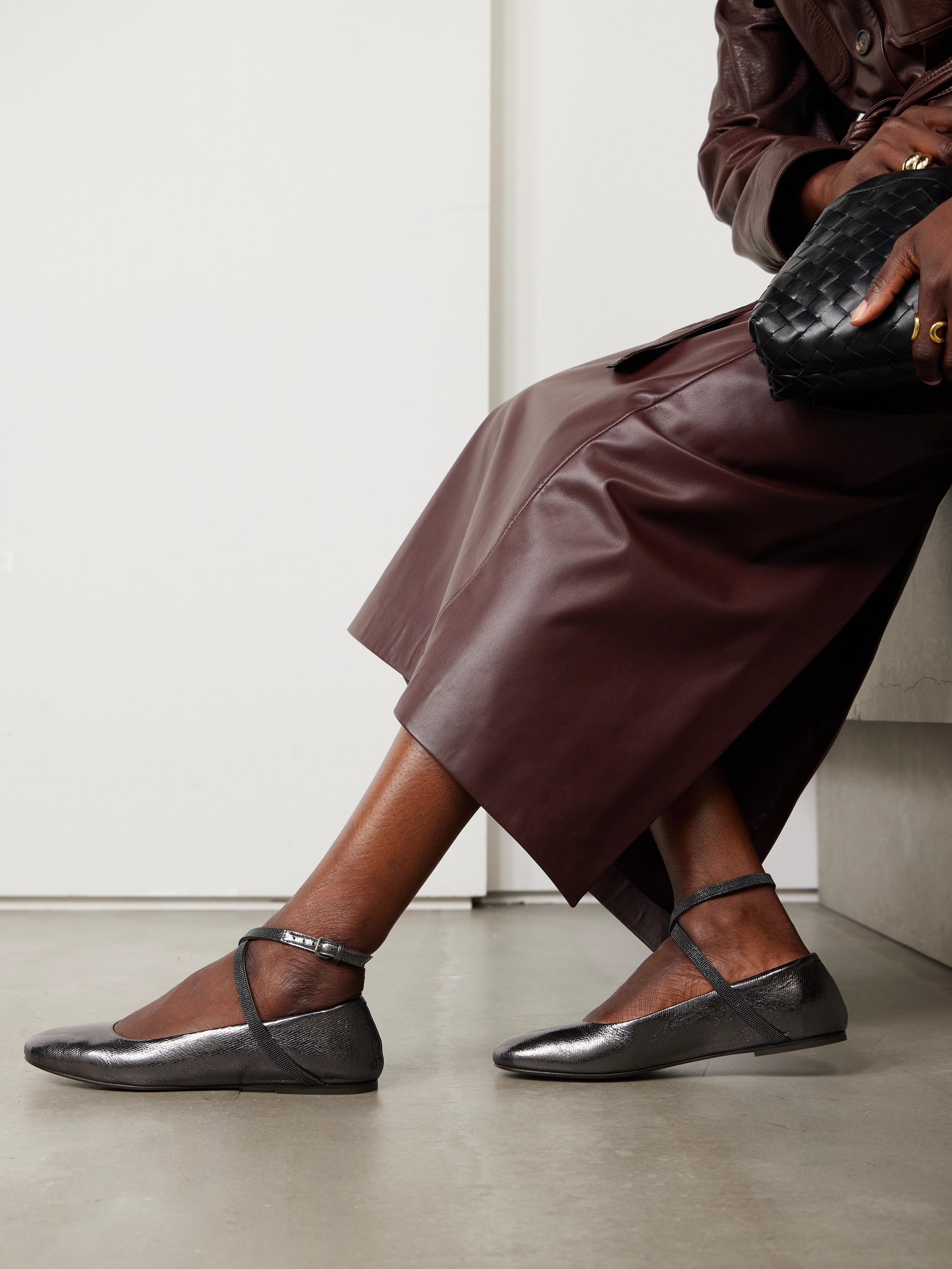 Brunello Cucinelli Bead-embellished metallic textured-leather ballet flats thumbnail
