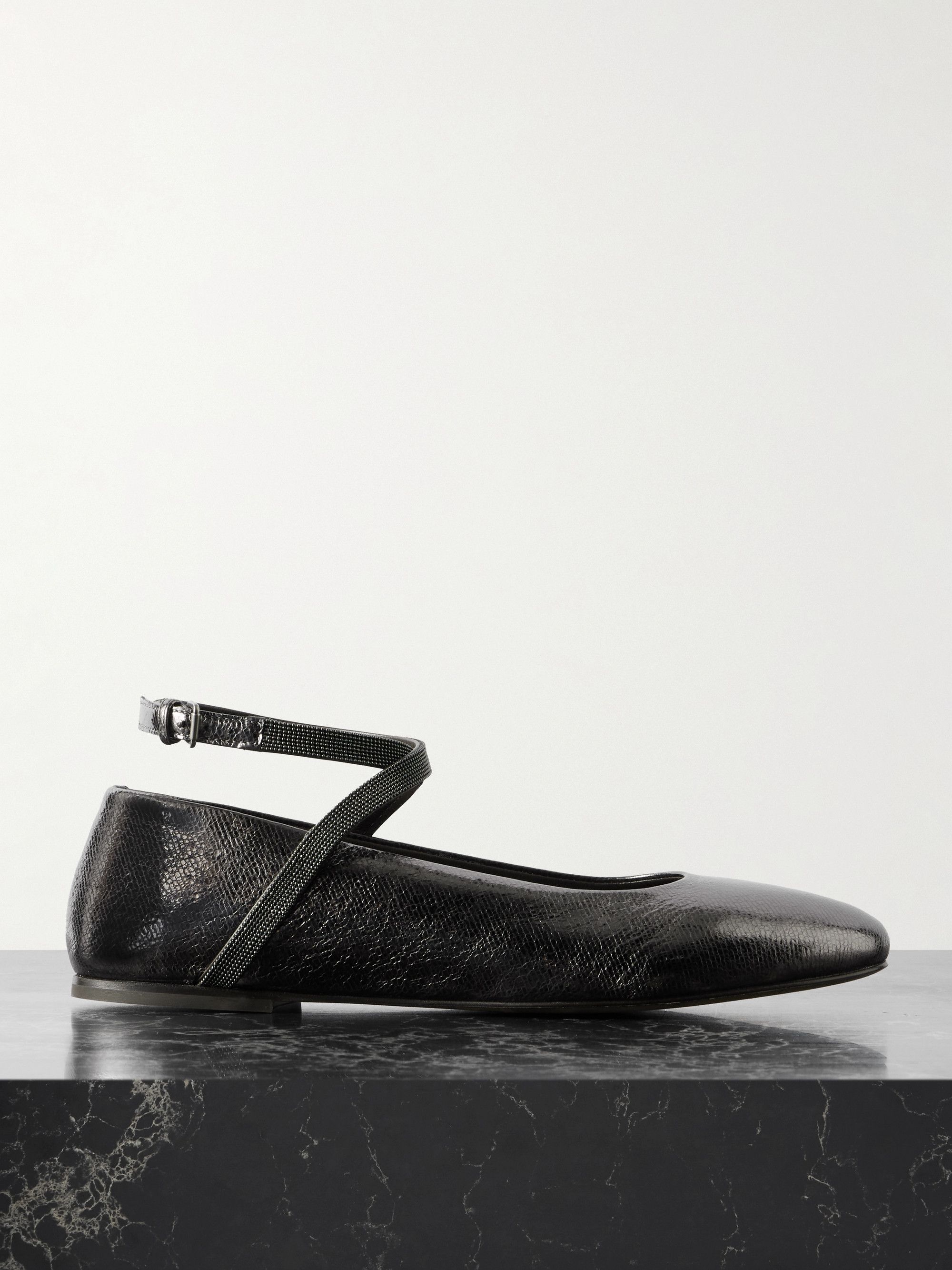 Brunello Cucinelli Bead-embellished metallic textured-leather ballet flats