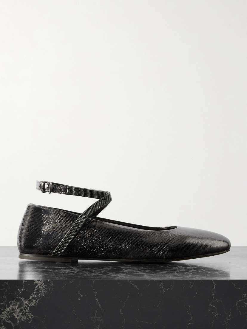 Brunello Cucinelli Bead-embellished Metallic Textured-leather Ballet Flats