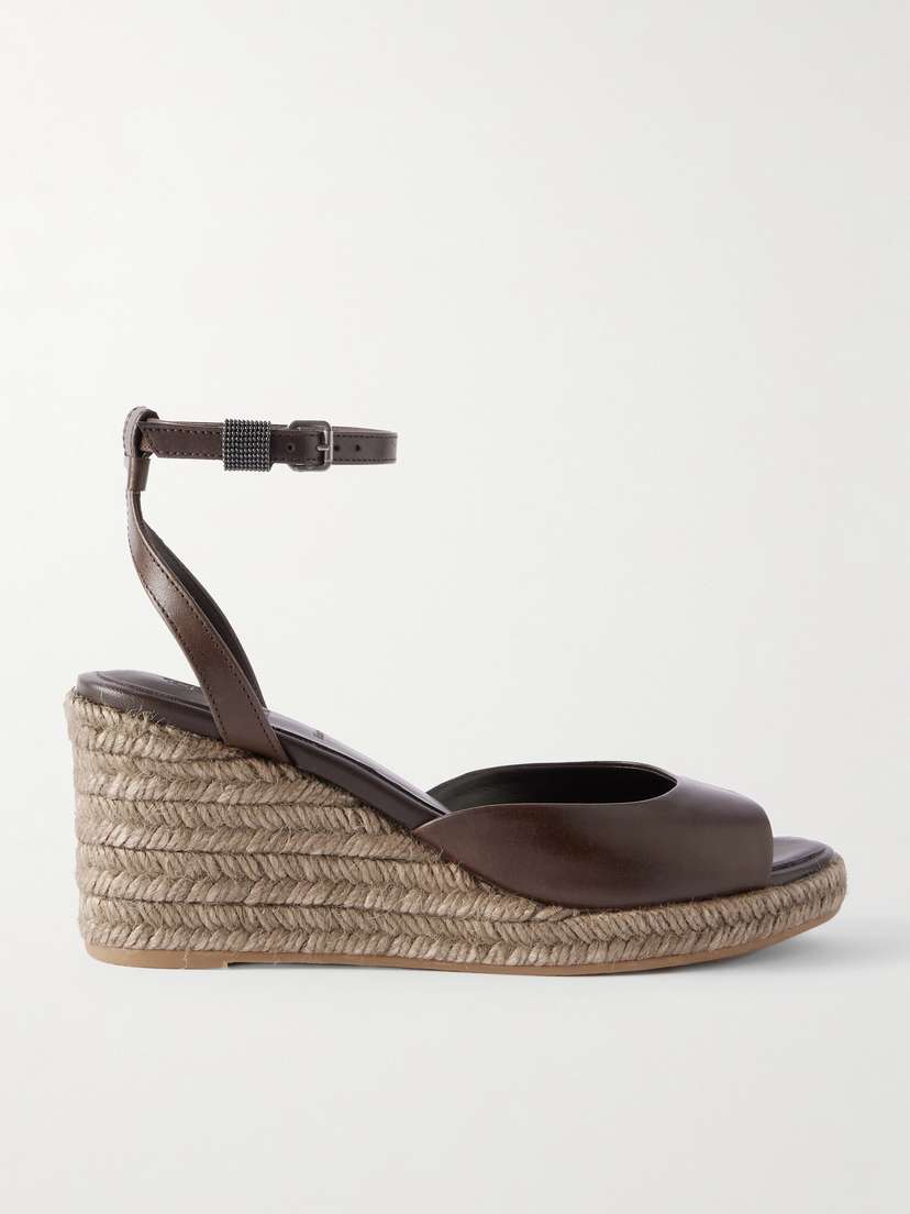 Brunello Cucinelli Bead-embellished Leather Wedge Espadrilles