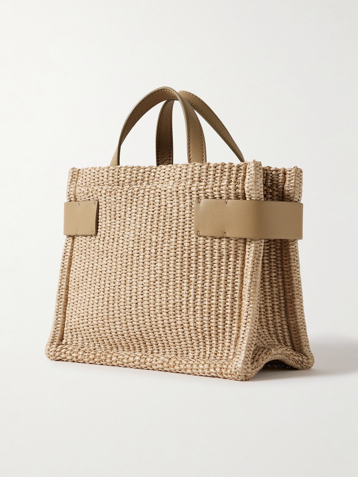 BRUNELLO CUCINELLI LEATHER-TRIMMED RAFFIA SHOULDER BAG