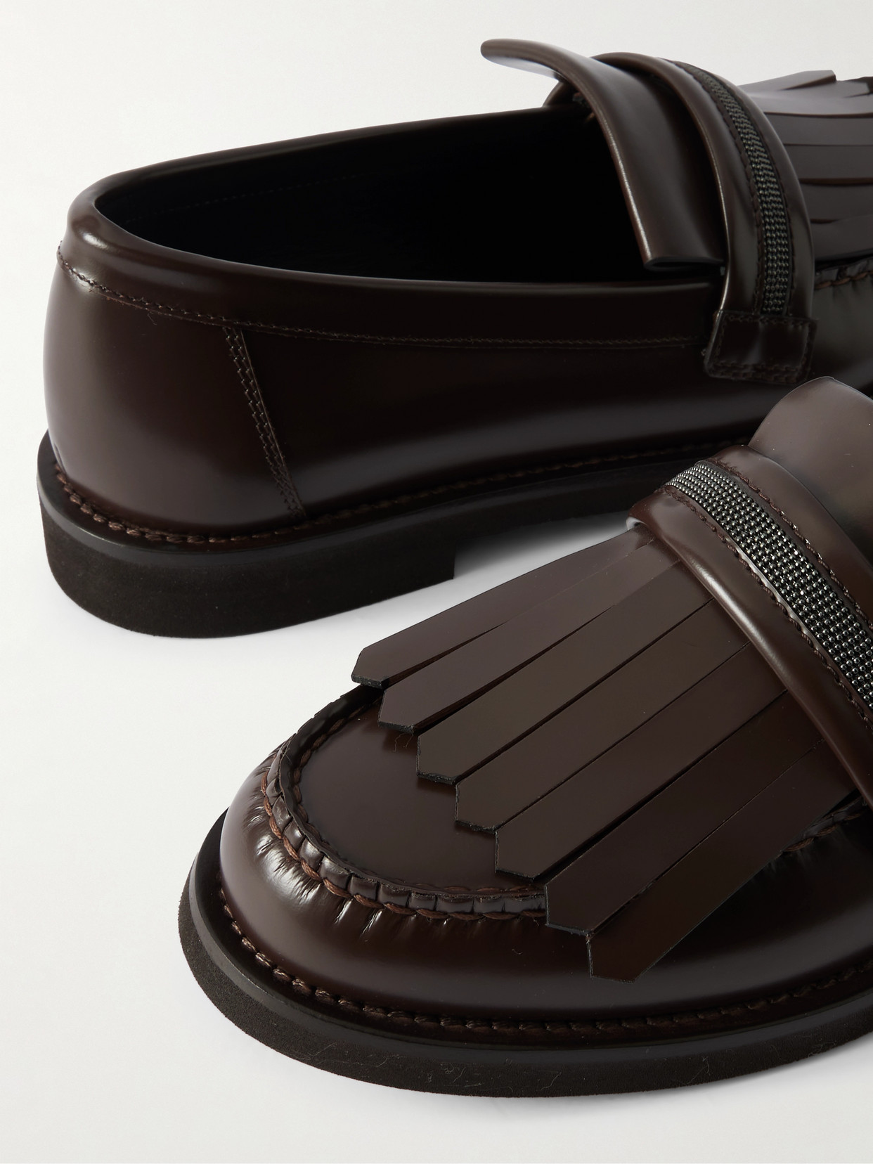 Brunello Cucinelli Bead-embellished Fringed Leather Loafers