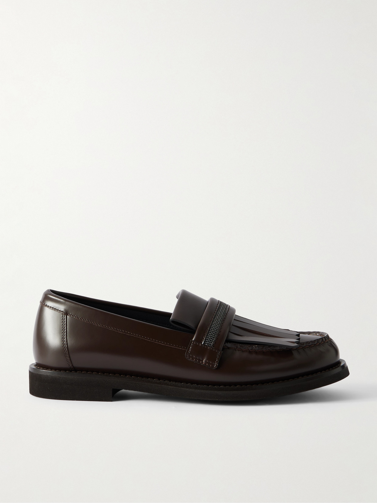 Brunello Cucinelli - Bead-embellished Fringed Leather Loafers - Dark brown
