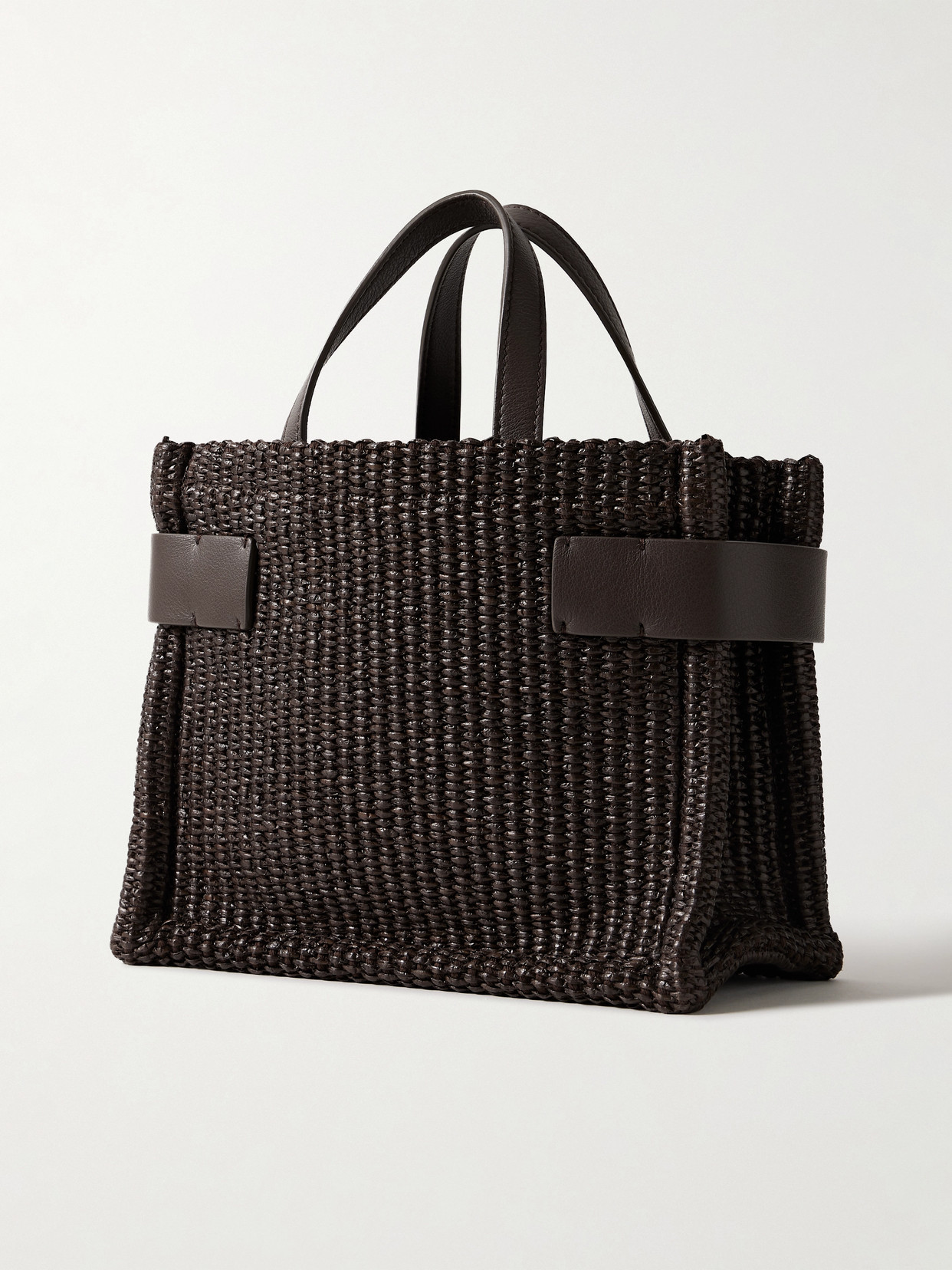 BRUNELLO CUCINELLI LEATHER-TRIMMED RAFFIA SHOULDER BAG