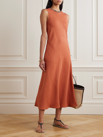 Brunello Cucinelli Bead-embellished twill midi dress
