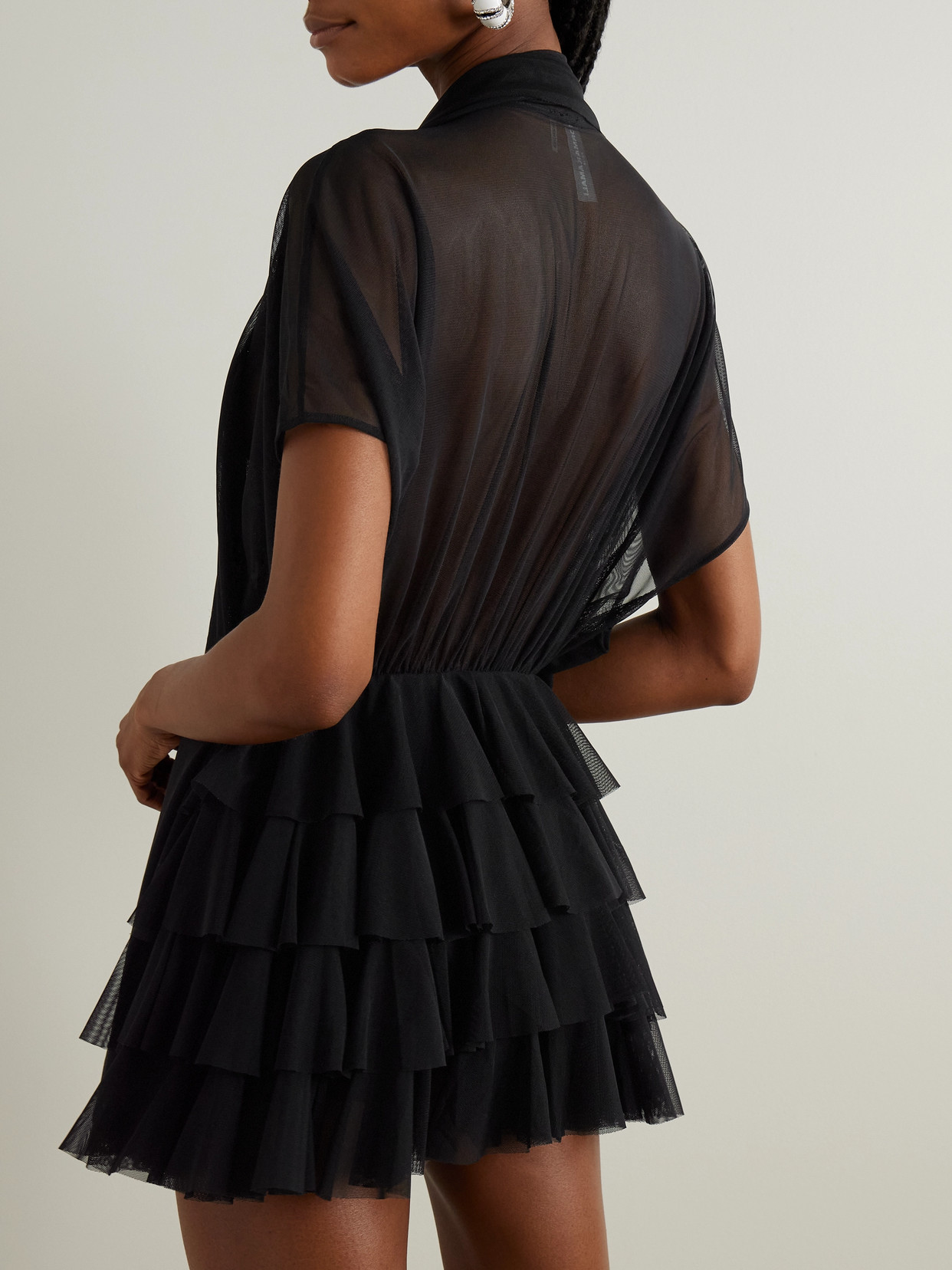 Norma Kamali Lauren Bow-detailed Tiered Ruffled Tulle Mini Dress In Black