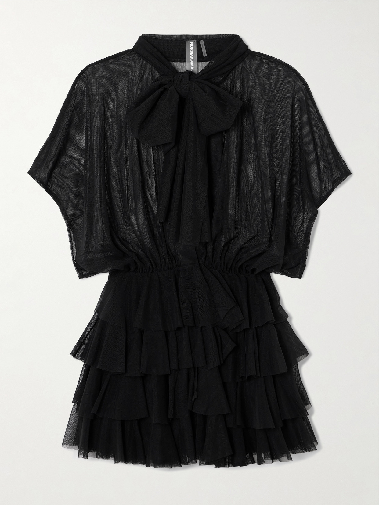 Norma Kamali Lauren Bow-detailed Tiered Ruffled Tulle Mini Dress In Black