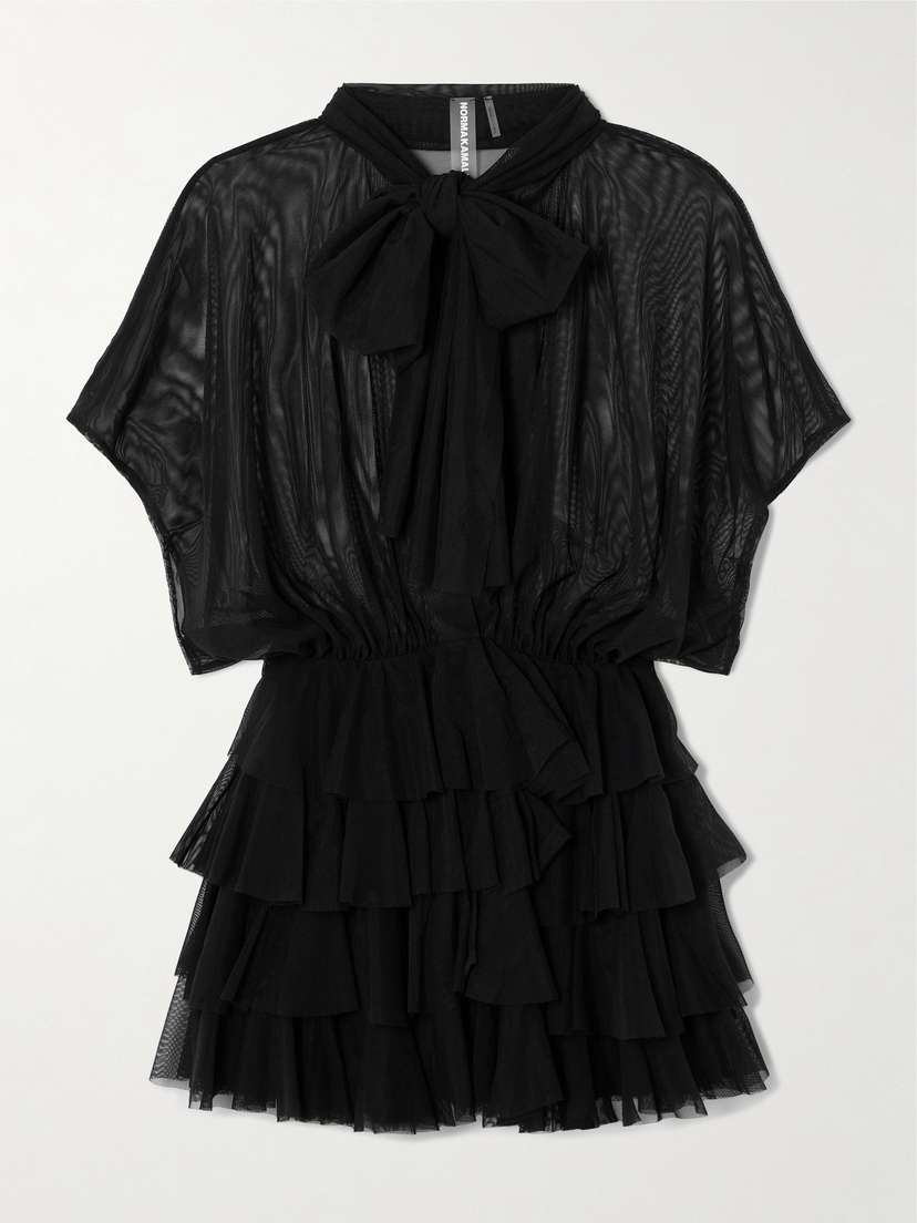 Norma Kamali Lauren Bow-detailed Tiered Ruffled Tulle Mini Dress